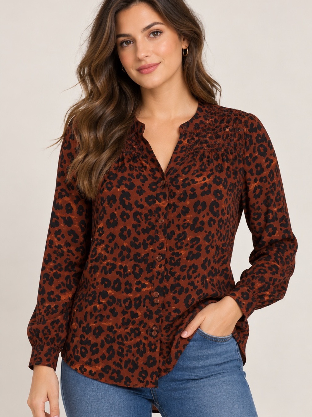 BeachLunchLounge XL Leopard Print Button Front Blouse 100% Viscose Long Sleeve